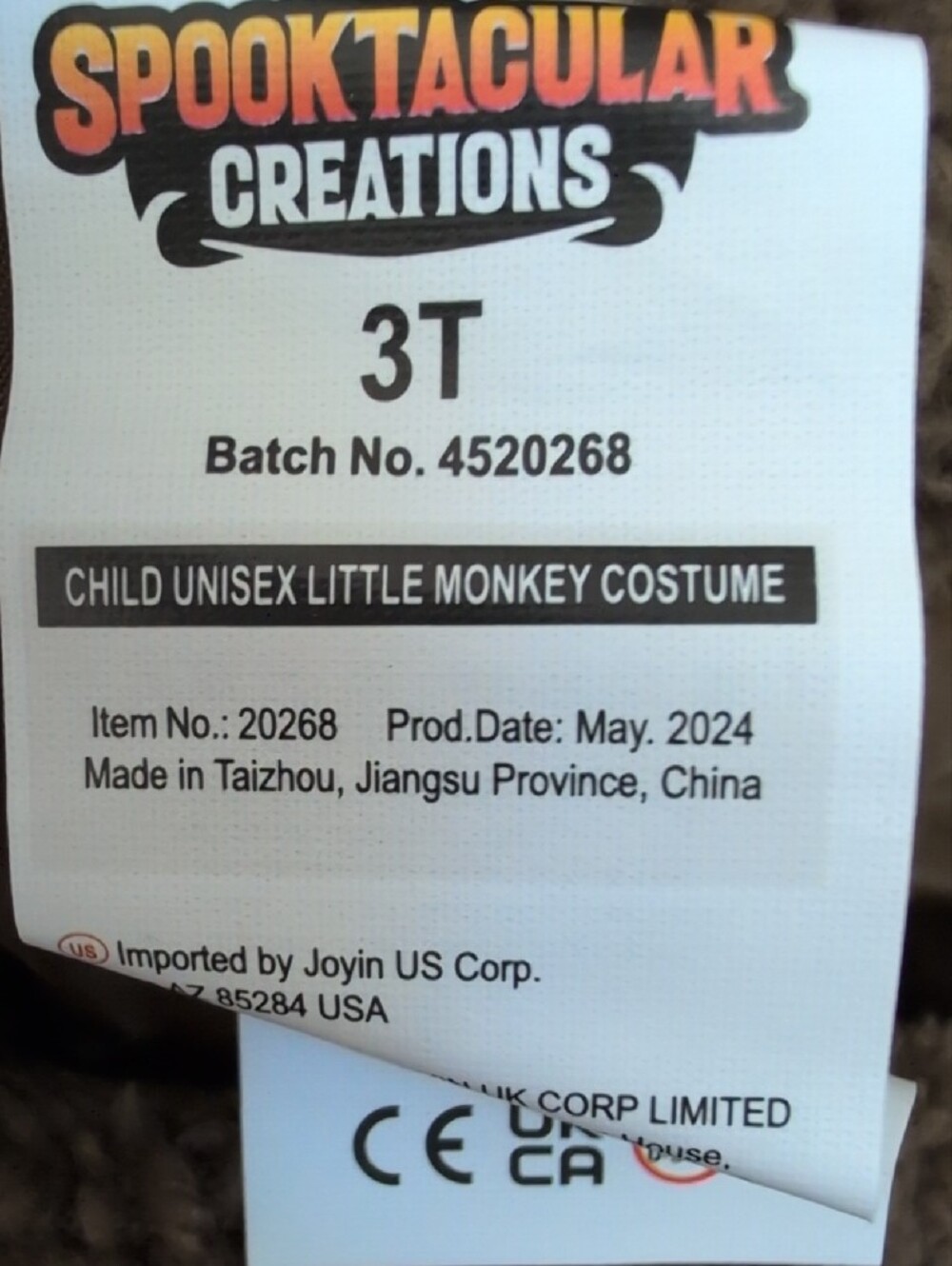 SPOOKTACULAR CREATIONS Little Monkey Plush Brown Kids Halloween Costume Size 3T - Picture 9 of 10